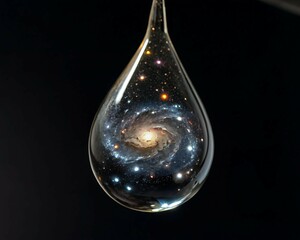 Macro Dew Drop Floating in Black Space with Glowing Galaxy Reflections – Minimal Cosmic-Inspired Illustration of a Micro Universe Encapsulated in a Droplet

