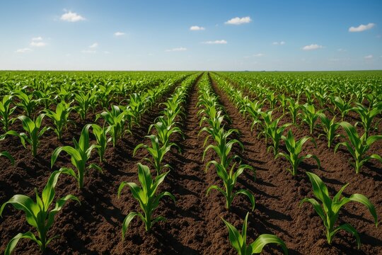 Lush green cornfield with healthy young sprouts emerging from rich fertile soil under bright spring sunshine and blue sky