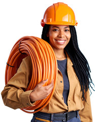 A smiling construction worker with a coiled cable in hand