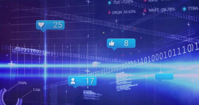 Bright beam sweeping center, icons emerging, updating counts and drifting over binary data matrix