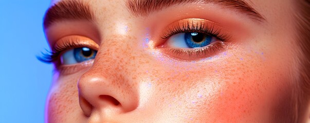 Captivating close up portrait showcasing a woman s face with bold colorful makeup and striking expressive eyes