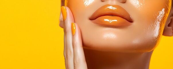 Close up portrait of a female model with vibrant orange lipstick flawless skin and an alluring confident expression