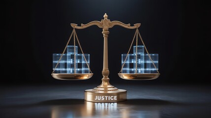 Golden justice scale with digital blocks, symbolizing balance and technology in a dark setting.