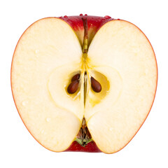 A fresh, juicy, and half-sliced red apple, revealing its seeds