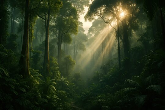 Mysterious tropical rainforest with dense canopy ancient trees and filtered sunlight creating atmospheric jungle adventure setting