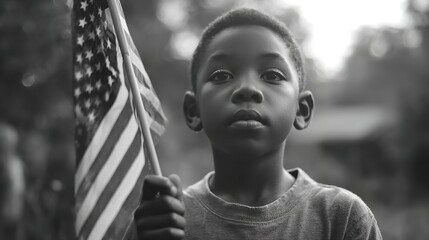 A young boy holding an American flag with a serious expression reflecting the weight of patriotism and hope in soft