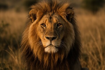 Fototapeta premium Noble male lion portrait with magnificent golden mane photographed in natural habitat showcasing raw power and regal presence