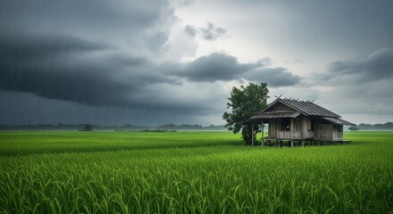 Obraz premium Rural scene: a weathered wooden house stands in a vibrant green rice field under a stormy, cloudy sky. Rain is visible in the distance.