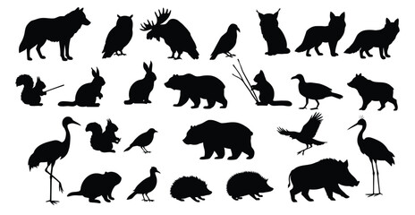 Silhouette Collection of Wildlife Animals Wolf, Owl, Moose