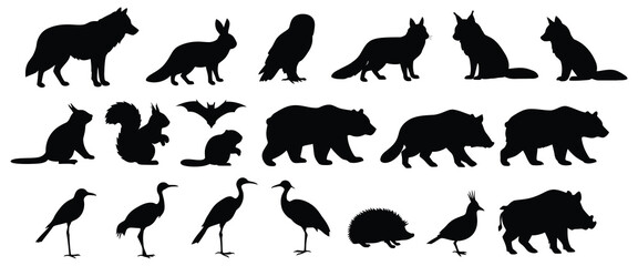 Fototapeta premium Silhouette Collection of Wildlife Animals Wolf, Rabbit, Owl