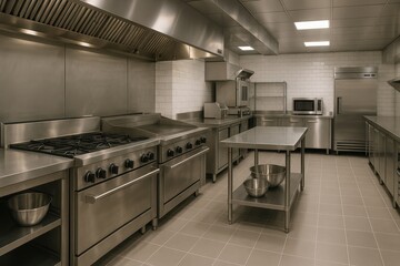 Professional commercial kitchen with stainless steel equipment and modern culinary technology designed for high-volume restaurant operations