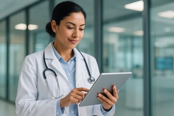 Professional healthcare worker in pristine white coat consulting with digital patient records