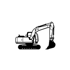 Black and white illustration of a detailed excavator, ready for construction work.