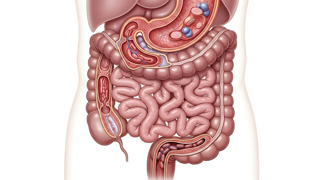 Detailed anatomical illustration of the human digestive system, showing organs and their connections.