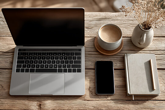 Modern workspace with laptop smartphone coffee cup and notebook on wooden desk - Powered by Adobe