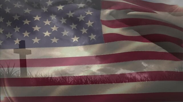 Breezy wind starting flag rippling over field with cross, sunlight shifting and evoking reflection