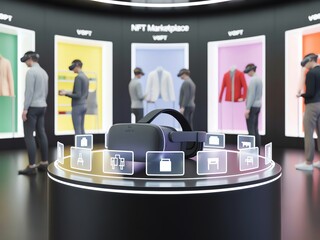 Virtual reality NFT marketplace showcasing futuristic shopping experience with VR headsets and digital assets.