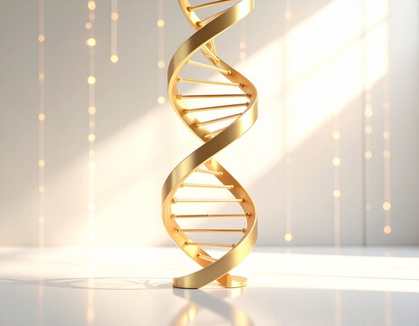 A large, lustrous golden sculpture of a double helix DNA strand stands prominently in a bright, modern, minimalist white room with large windows, illuminated by natural light. Ideal for themes of scie