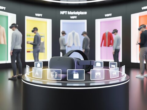 Virtual reality NFT marketplace showcasing futuristic shopping experience with VR headsets and digital assets. - Powered by Adobe