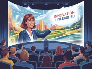 Woman speaker presenting at conference, highlighting innovation, audience engaged, large screen visuals.