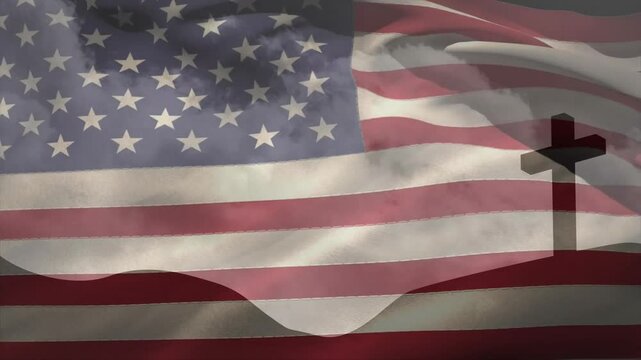 Flag filling frame, cross appearing at edge, stripes rippling gently, conveying patriotic symbolism