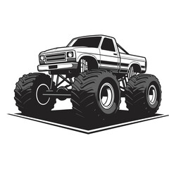 Bold black-and-white line art of a monster truck with oversized tires and a lifted chassis, exuding raw power and off-road energy © bima