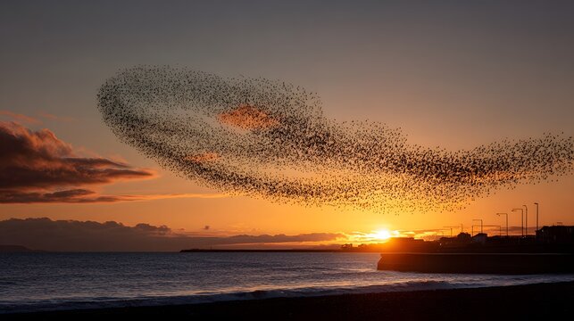 Breathtaking sunset with murmuration of starlings flying over ocean