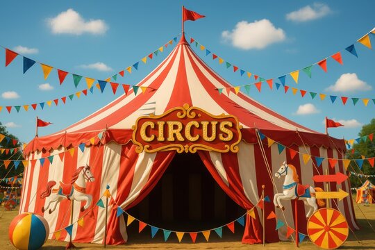 Classic red and white striped carnival big top with colorful festival banners creating nostalgic circus atmosphere