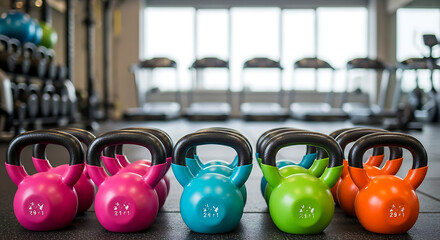 Colorful kettlebells arranged in a modern gym, ready for fitness training.