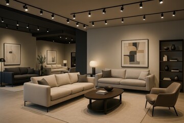 Contemporary furniture showroom featuring modern living room sets with elegant lighting design