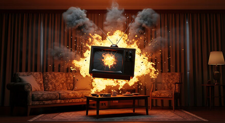 A vintage television set explodes in flames within a living room setting, creating a dramatic scene.