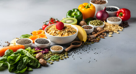 Healthy Food Selection on Gray Concrete Background