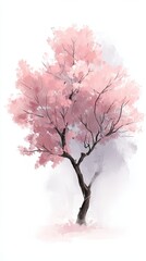 A minimalist digital painting of a single cherry blossom tree in bloom, soft pink hues
