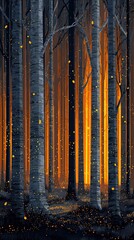 A whimsical vector illustration of a cozy forest with glowing fireflies, warm tones
