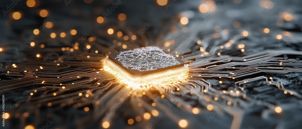 Aufkleber advanced ai chip with glowing core and circuit patterns on blue tech background, symbolizing neural 