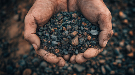 Top view of soil in hands for check the quality of the soil for control soil quality before seed plant. Future agriculture concept. Smart farming, using modern technologies in agriculture