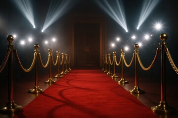 Exclusive VIP red carpet entrance with golden rope barriers and paparazzi camera flashes in background