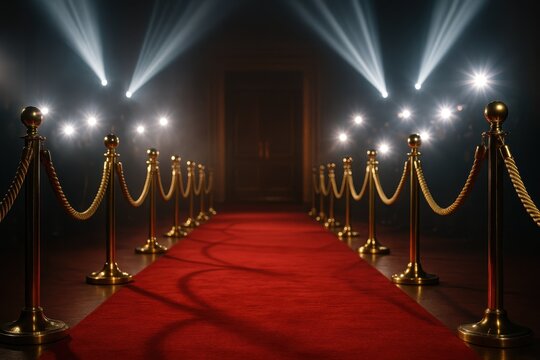 Exclusive VIP red carpet entrance with golden rope barriers and paparazzi camera flashes in background