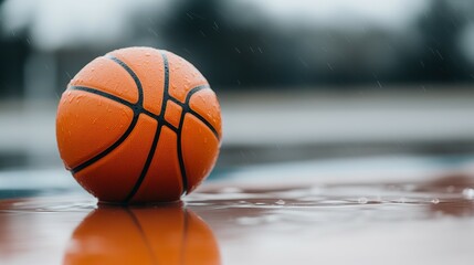 An orange basketball sits on a wet surface during a rain shower.