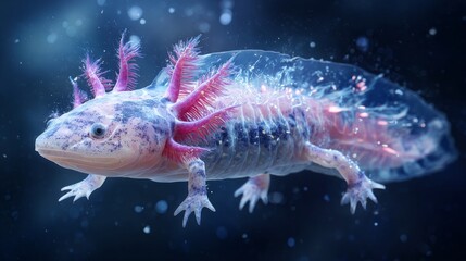Bioluminescent axolotl with glowing limb regeneration in dark water, symbolizing nature's resilience and wonder.
