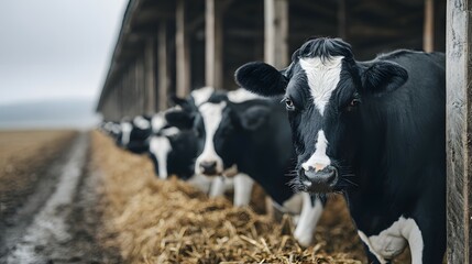 Cows stand in a row inside a barn eating hay on a farm.