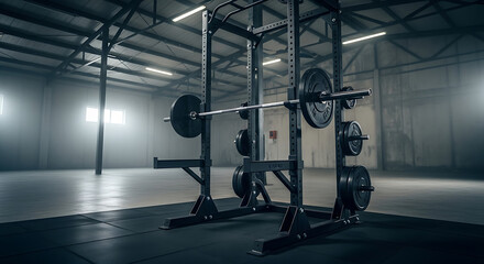 A weight rack with a barbell and weights stands in a large, empty gym.