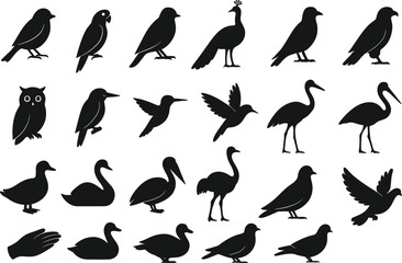 Obraz premium Bird Silhouette Vector Set – Designed for Logos, Prints, and Graphic Use, Including Flying, Standing, and Perched Birds