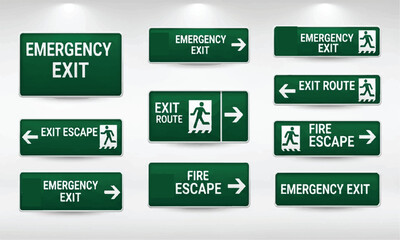 Emergency exit signs set with text and symbols