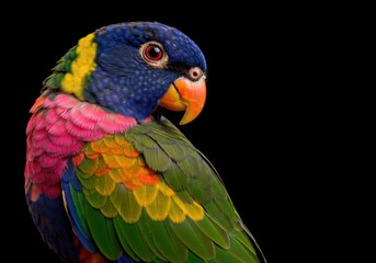 Fototapeta premium Vibrant rainbow lorikeet portrait with detailed feathers against a black background