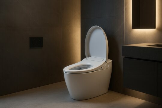 Sleek contemporary bathroom featuring smart toilet with automated functions and minimalist design