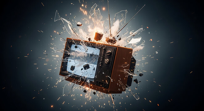 A vintage television set exploding into shards of glass and debris.