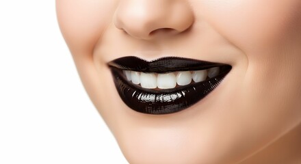 Naklejka premium Close-up of a smiling woman with glossy black lipstick and perfect white teeth