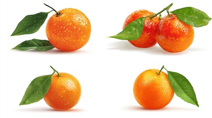 Set of vibrant clementines with green leaves, isolated on a white background