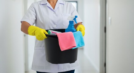Professional Cleaning Services Maid Carrying Cleaning Supplies